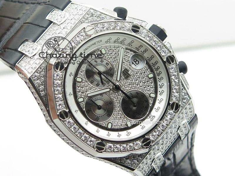 Royal Oak Offshore SS Full Paved Diamonds JF Best Edition on Black Leather Strap A7750