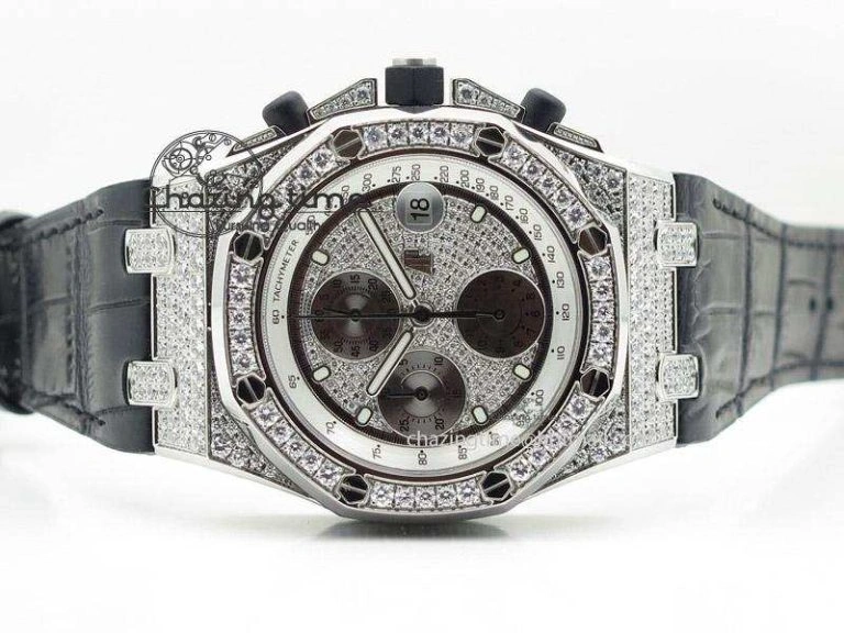Royal Oak Offshore SS Full Paved Diamonds JF Best Edition on Black Leather Strap A7750