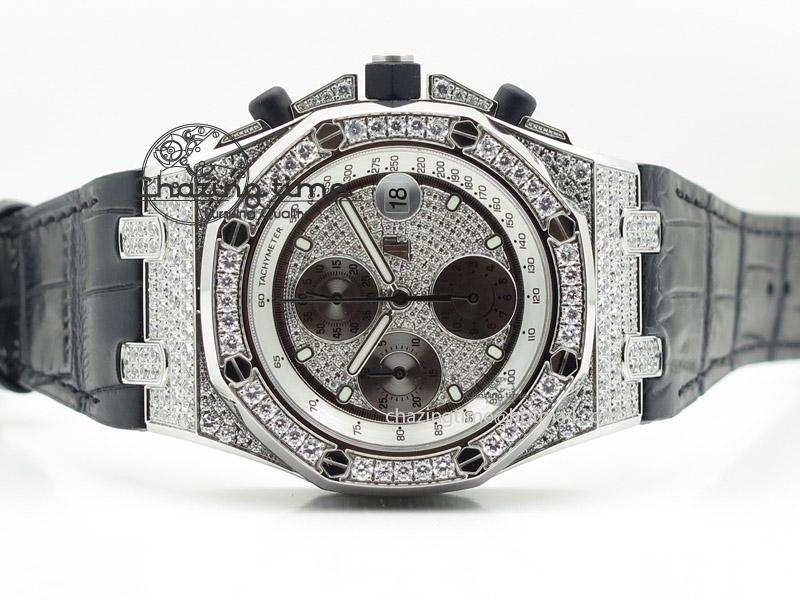 Royal Oak Offshore SS Full Paved Diamonds JF Best Edition on Black Leather Strap A7750