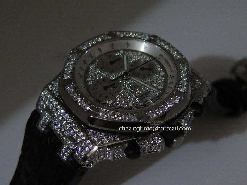 Royal Oak Offshore SS Full Paved Diamonds JF Best Edition on Black Leather Strap A7750