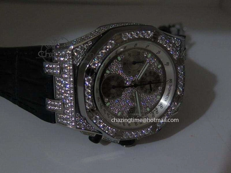 Royal Oak Offshore SS Full Paved Diamonds JF Best Edition on Black Leather Strap A7750