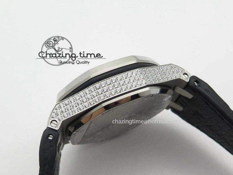 Royal Oak Offshore SS Full Paved Diamonds JF Best Edition on Black Leather Strap A7750
