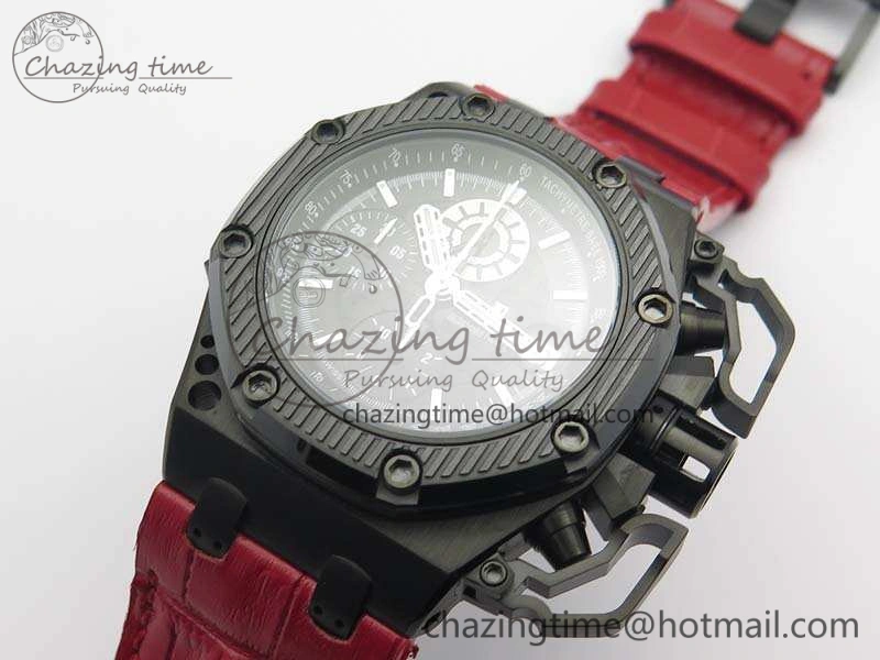 Royal Oak Offshore Survivor DLC Noob 1:1 Best Edition Black Dial On Red Leather Strap (Free Rubber Strap)