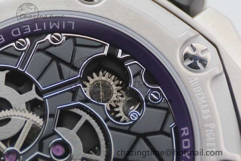 Royal Oak concept 26620 PVD 42mm “Black Panther” 1:1 Skeleton Dial on Purple Rubber Strap A2965