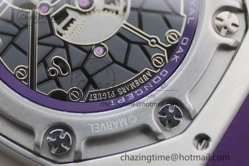 Royal Oak concept 26620 PVD 42mm “Black Panther” 1:1 Skeleton Dial on Purple Rubber Strap A2965