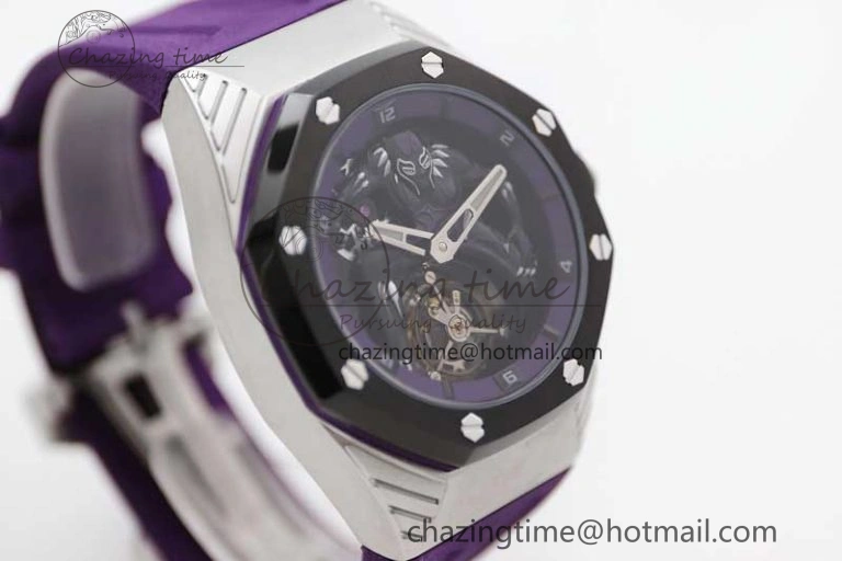Royal Oak concept 26620 PVD 42mm “Black Panther” 1:1 Skeleton Dial on Purple Rubber Strap A2965