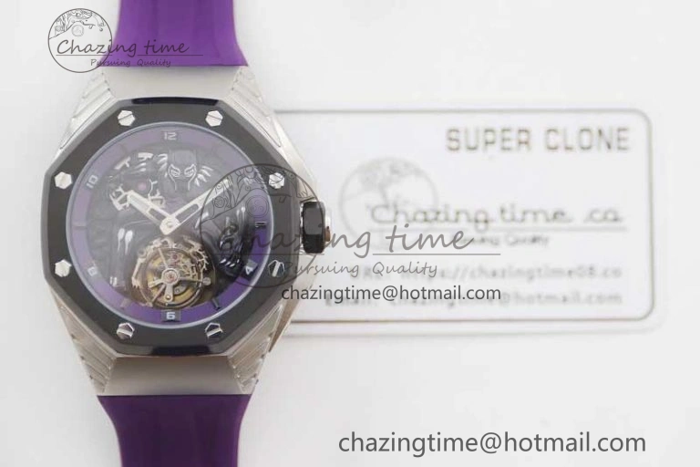 Royal Oak concept 26620 PVD 42mm “Black Panther” 1:1 Skeleton Dial on Purple Rubber Strap A2965