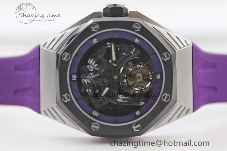 Royal Oak concept 26620 PVD 42mm “Black Panther” 1:1 Skeleton Dial on Purple Rubber Strap A2965