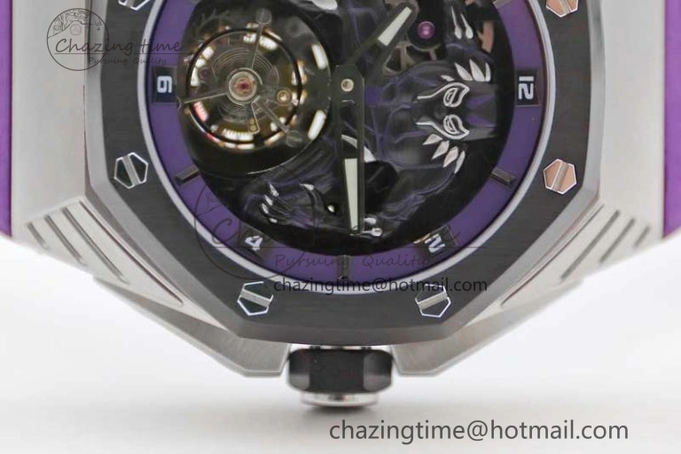 Royal Oak concept 26620 PVD 42mm “Black Panther” 1:1 Skeleton Dial on Purple Rubber Strap A2965