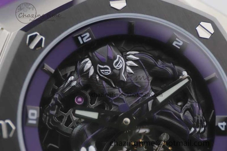Royal Oak concept 26620 PVD 42mm “Black Panther” 1:1 Skeleton Dial on Purple Rubber Strap A2965
