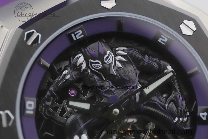 Royal Oak concept 26620 PVD 42mm “Black Panther” 1:1 Skeleton Dial on Purple Rubber Strap A2965
