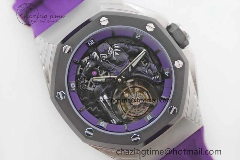 Royal Oak concept 26620 PVD 42mm “Black Panther” 1:1 Skeleton Dial on Purple Rubber Strap A2965