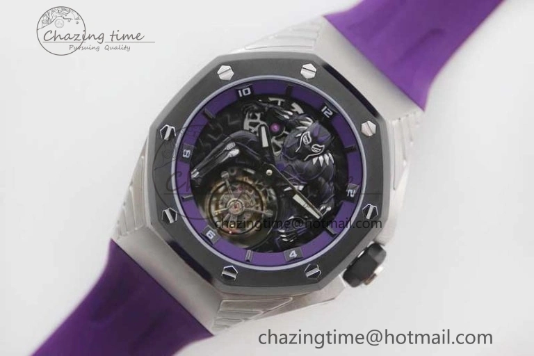 Royal Oak concept 26620 PVD 42mm “Black Panther” 1:1 Skeleton Dial on Purple Rubber Strap A2965