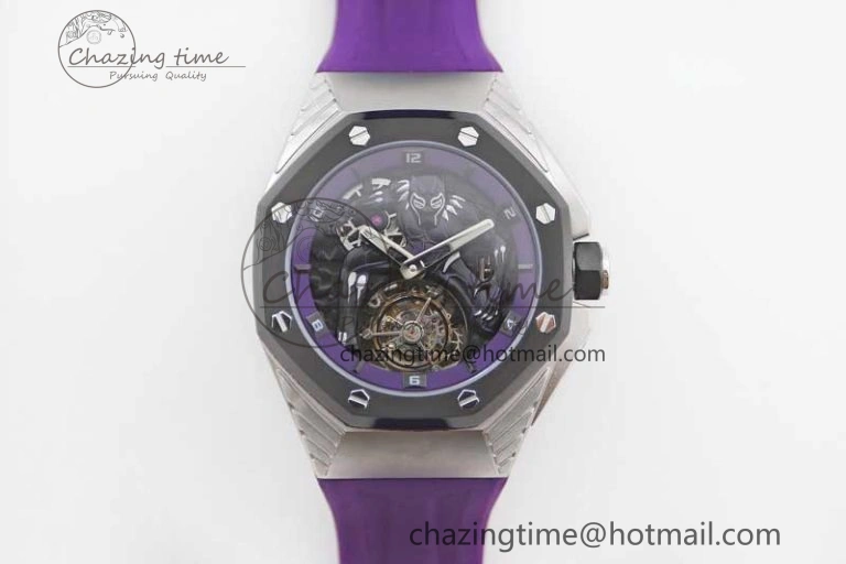 Royal Oak concept 26620 PVD 42mm “Black Panther” 1:1 Skeleton Dial on Purple Rubber Strap A2965