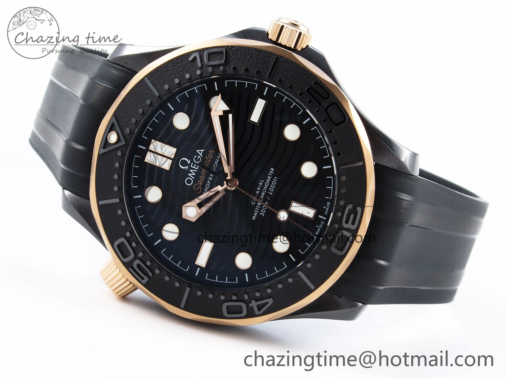SEAMASTER 300M 43.5MM BLACK CERAMIC VSF 1:1 BEST EDITION BLACK DIAL RG BEZEL ON BLACK RUBBER STRAP A8806