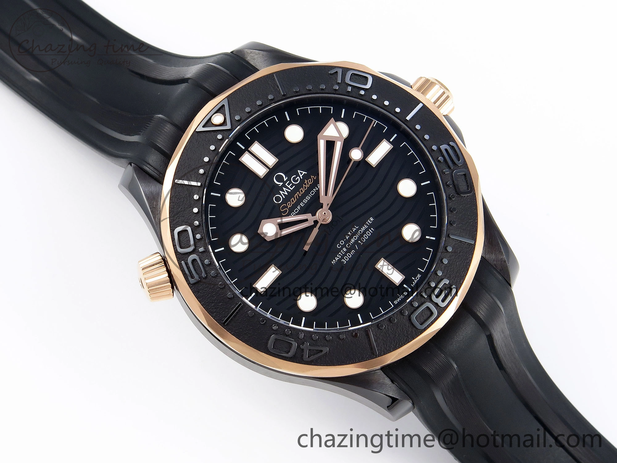 SEAMASTER 300M 43.5MM BLACK CERAMIC VSF 1:1 BEST EDITION BLACK DIAL RG BEZEL ON BLACK RUBBER STRAP A8806