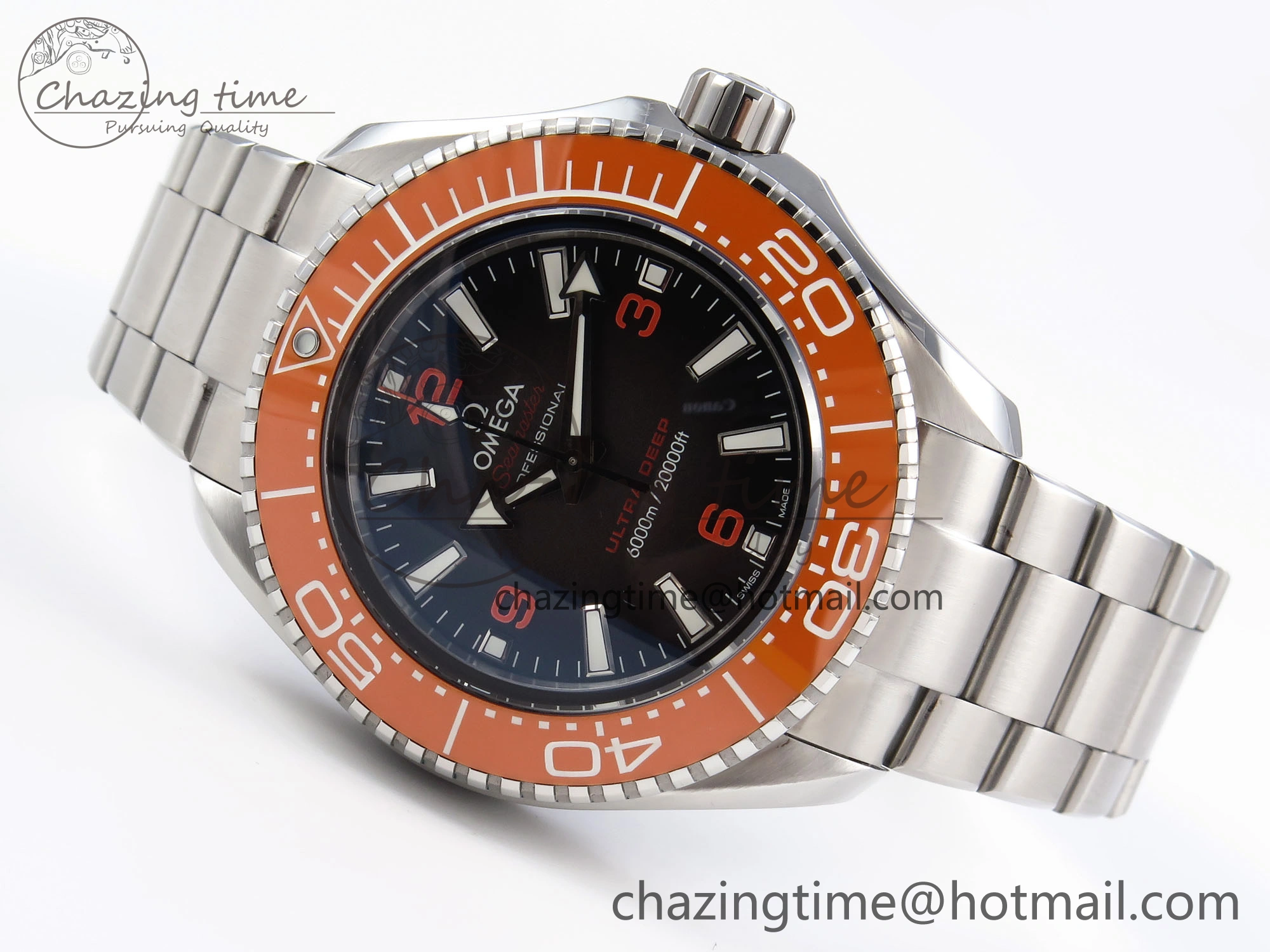 SEAMASTER 6000M ULTRA DEEP SS VSF 1:1 BEST EDITION BROWN DIAL ORANGE BEZEL ON SS BRACELET A8912 SUPER CLONE