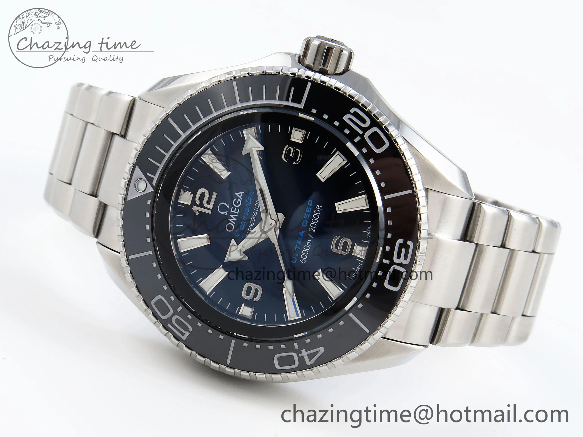 SEAMASTER PLANET OCEAN 6000M ULTRA DEEP 45.5MM SS TF 1:1 BEST EDITION BLUE DIAL BLACK BEZEL ON SS BRACELET A2824