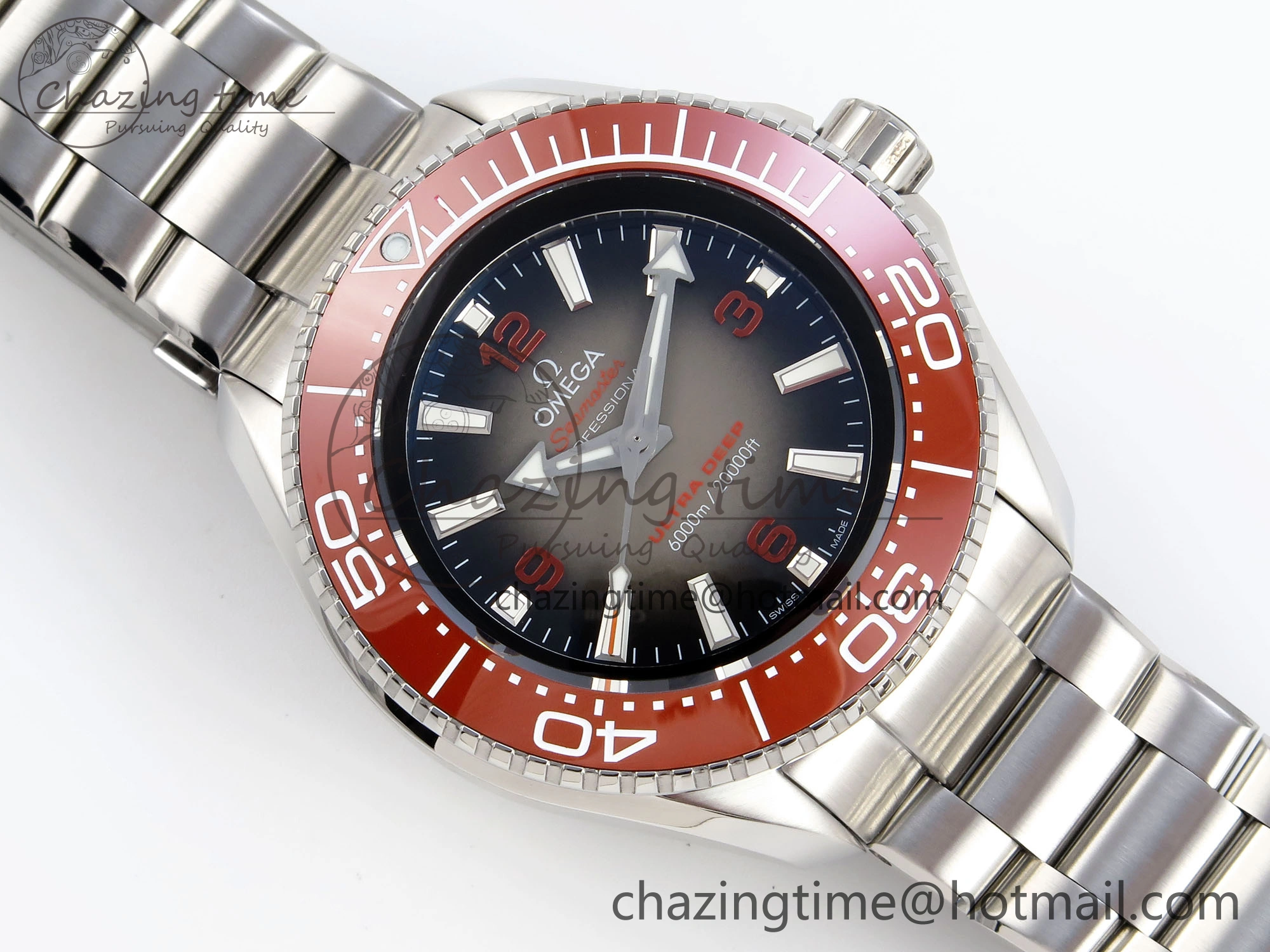 SEAMASTER PLANET OCEAN 6000M ULTRA DEEP 45.5MM SS TF 1:1 BEST EDITION GRAY DIAL ORANGE BEZEL ON SS BRACELET A2824