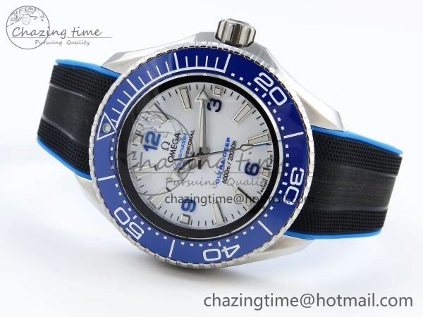 SEAMASTER PLANET OCEAN 6000M ULTRA DEEP 45.5MM SS TF 1:1 BEST EDITION WHITE DIAL BLUE BEZEL ON RUBBER STRAP A2824