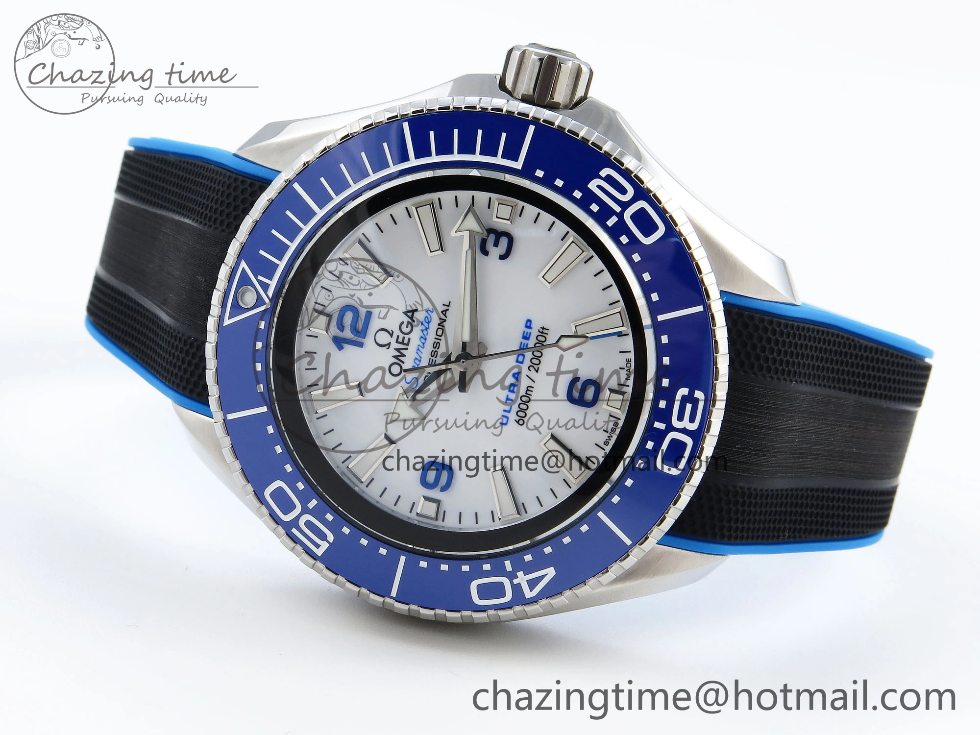 SEAMASTER PLANET OCEAN 6000M ULTRA DEEP 45.5MM SS TF 1:1 BEST EDITION WHITE DIAL BLUE BEZEL ON RUBBER STRAP A2824