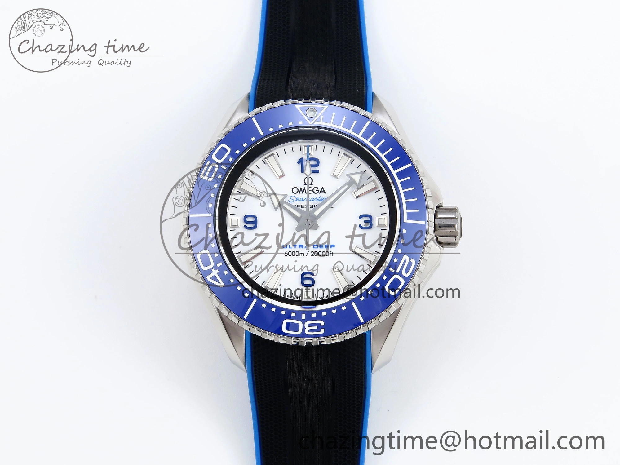 SEAMASTER PLANET OCEAN 6000M ULTRA DEEP 45.5MM SS TF 1:1 BEST EDITION WHITE DIAL BLUE BEZEL ON RUBBER STRAP A2824