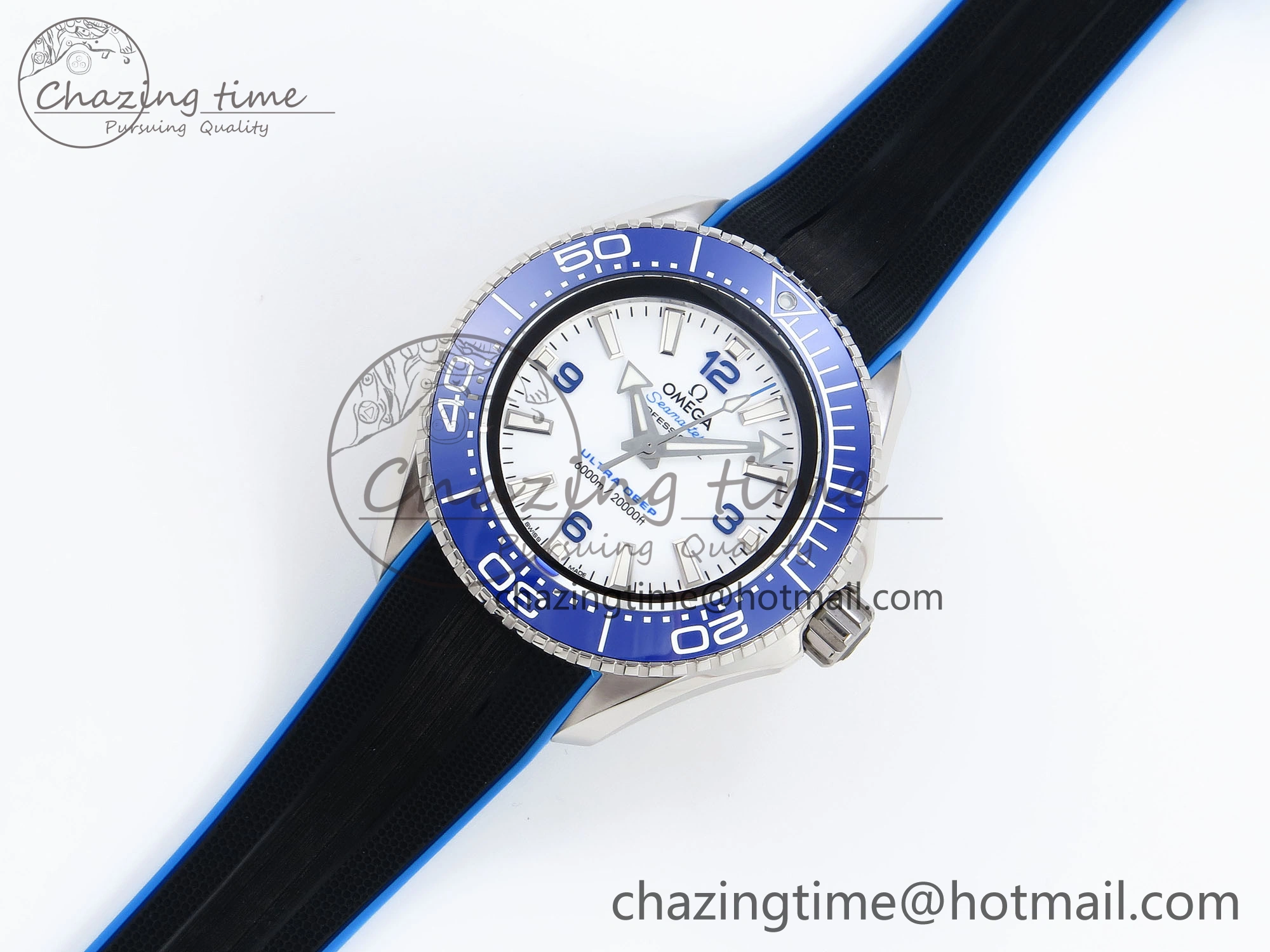 SEAMASTER PLANET OCEAN 6000M ULTRA DEEP 45.5MM SS TF 1:1 BEST EDITION WHITE DIAL BLUE BEZEL ON RUBBER STRAP A2824