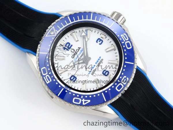 SEAMASTER PLANET OCEAN 6000M ULTRA DEEP 45.5MM SS TF 1:1 BEST EDITION WHITE DIAL BLUE BEZEL ON RUBBER STRAP A2824