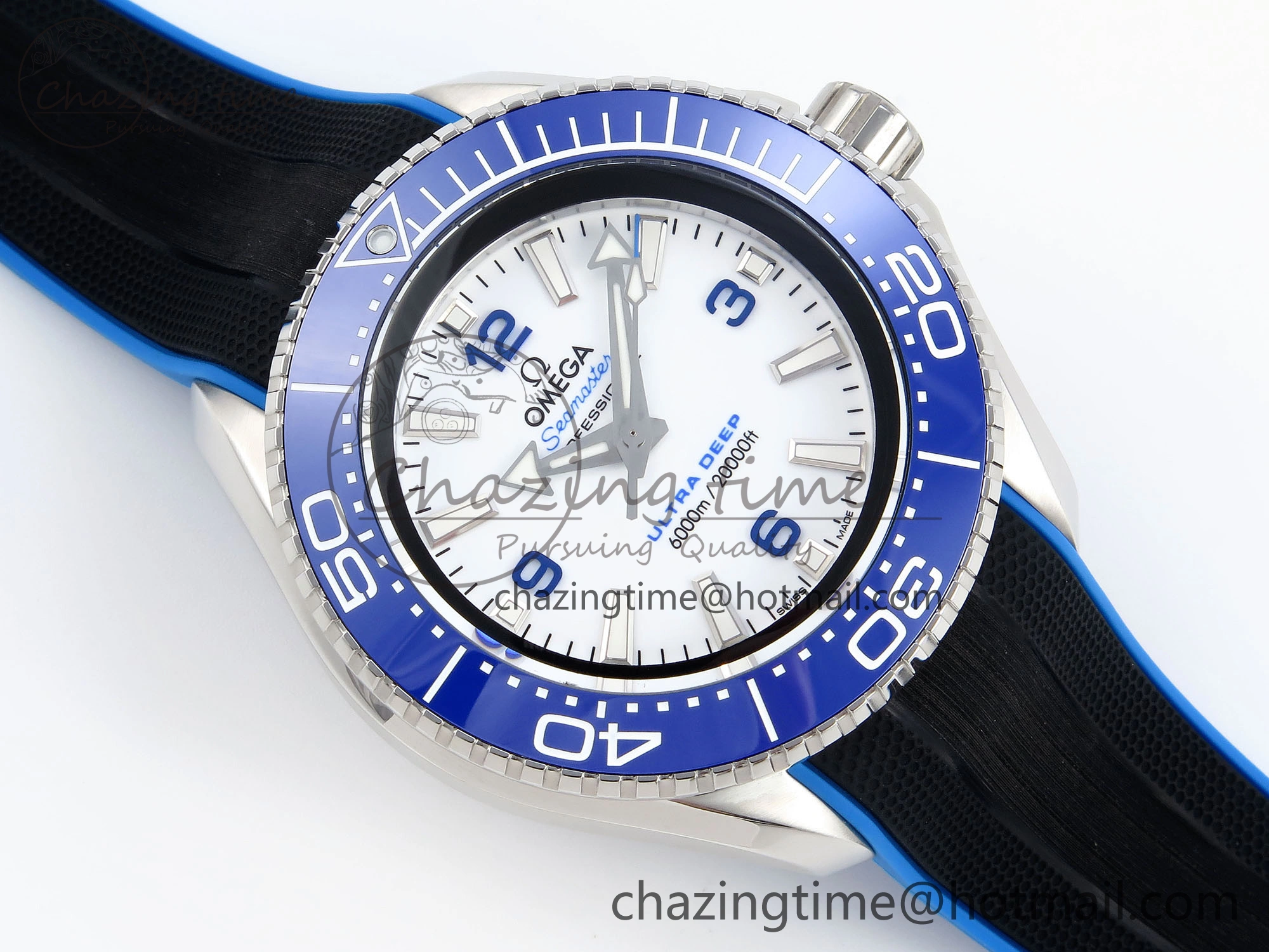 SEAMASTER PLANET OCEAN 6000M ULTRA DEEP 45.5MM SS TF 1:1 BEST EDITION WHITE DIAL BLUE BEZEL ON RUBBER STRAP A2824