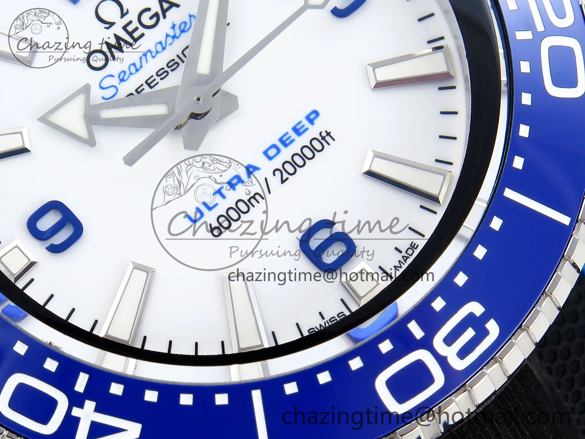 SEAMASTER PLANET OCEAN 6000M ULTRA DEEP 45.5MM SS TF 1:1 BEST EDITION WHITE DIAL BLUE BEZEL ON RUBBER STRAP A2824