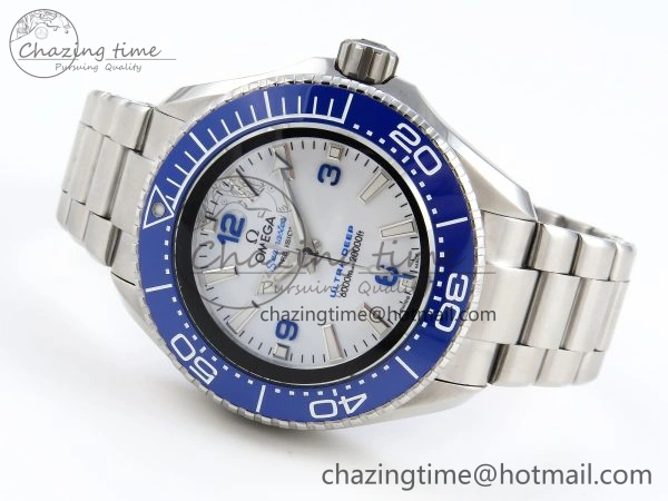 SEAMASTER PLANET OCEAN 6000M ULTRA DEEP 45.5MM SS TF 1:1 BEST EDITION WHITE DIAL BLUE BEZEL ON SS BRACELET A2824