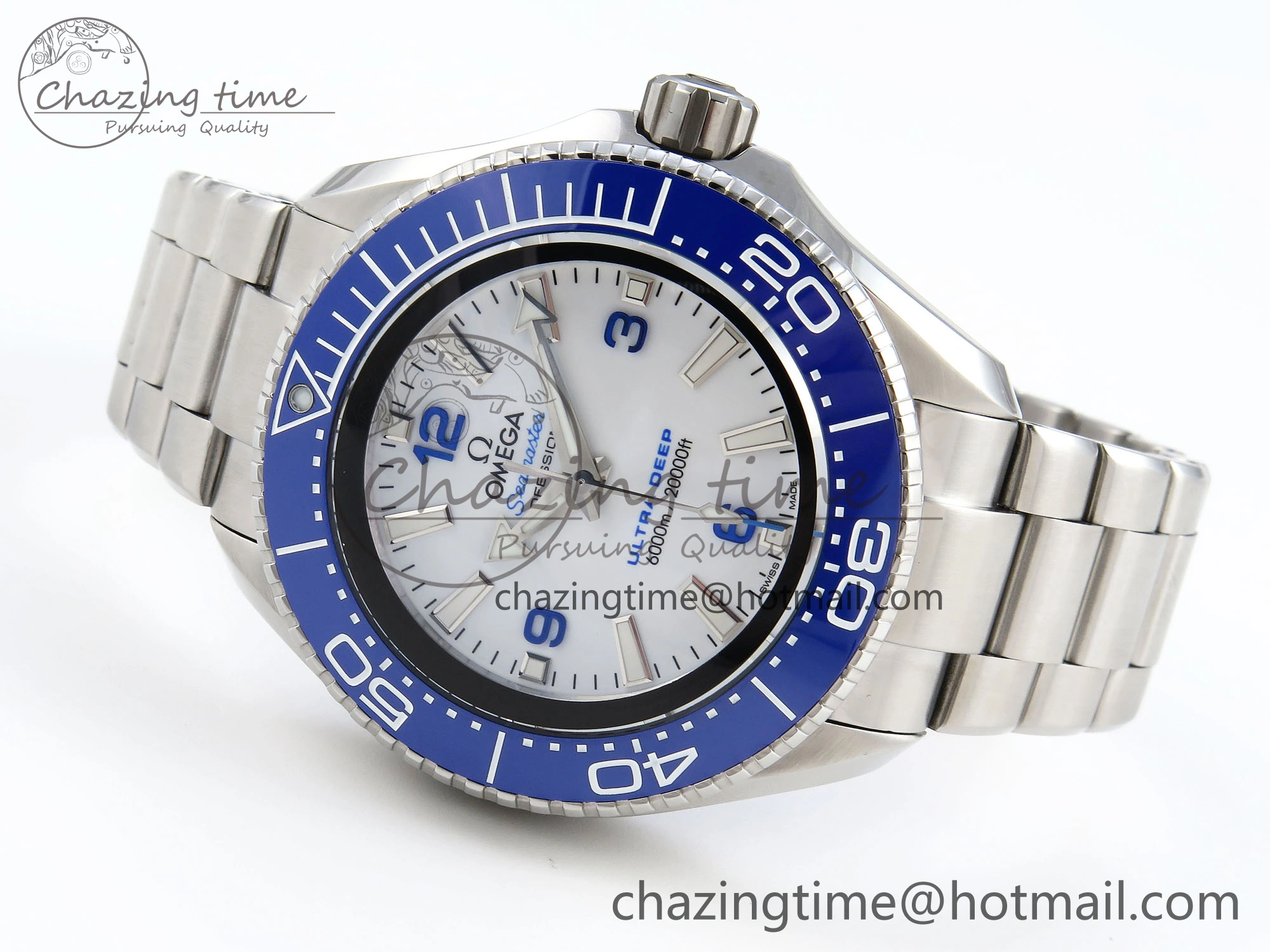 SEAMASTER PLANET OCEAN 6000M ULTRA DEEP 45.5MM SS TF 1:1 BEST EDITION WHITE DIAL BLUE BEZEL ON SS BRACELET A2824
