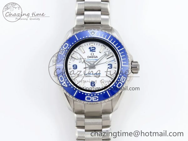 SEAMASTER PLANET OCEAN 6000M ULTRA DEEP 45.5MM SS TF 1:1 BEST EDITION WHITE DIAL BLUE BEZEL ON SS BRACELET A2824