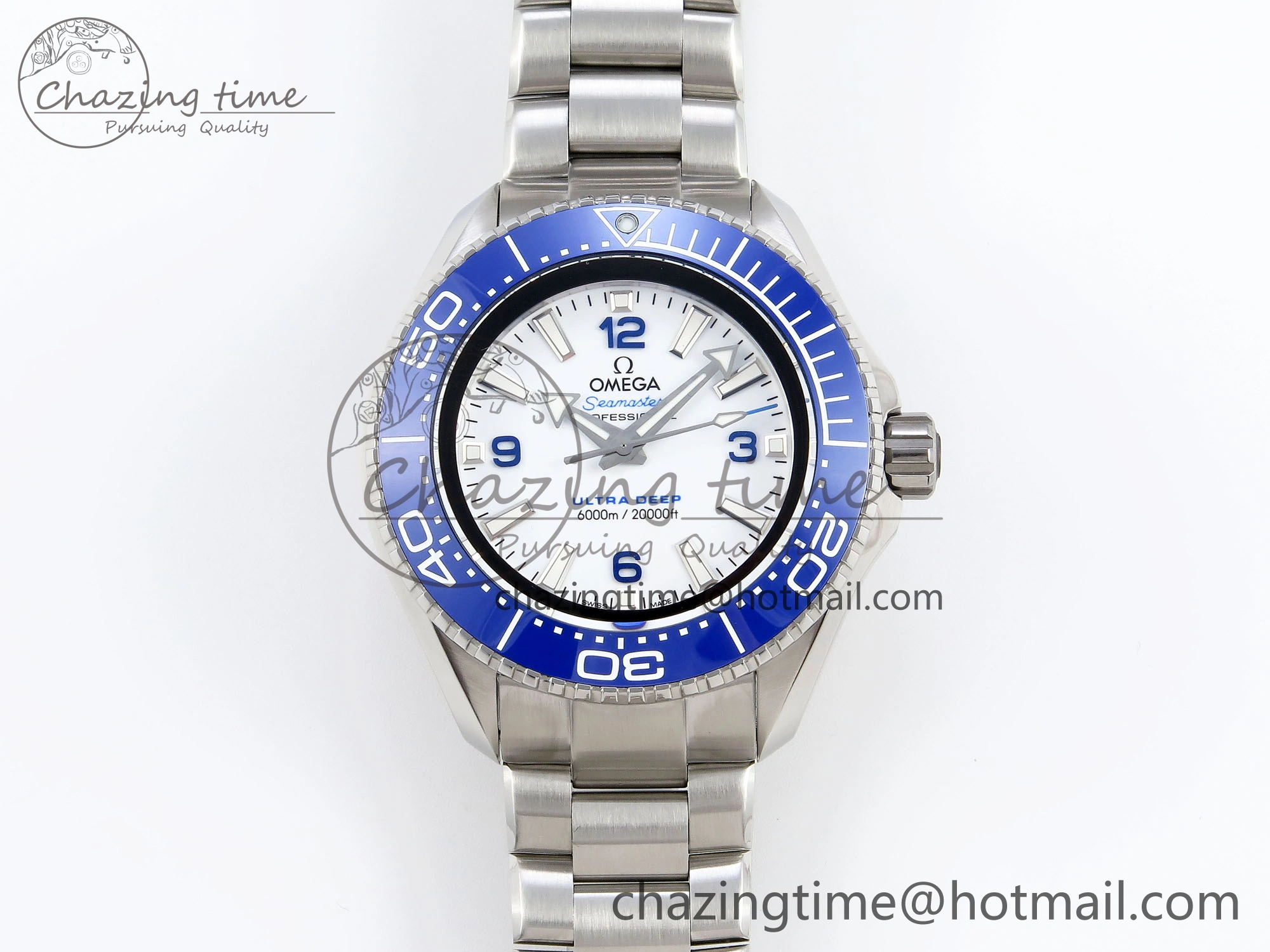 SEAMASTER PLANET OCEAN 6000M ULTRA DEEP 45.5MM SS TF 1:1 BEST EDITION WHITE DIAL BLUE BEZEL ON SS BRACELET A2824