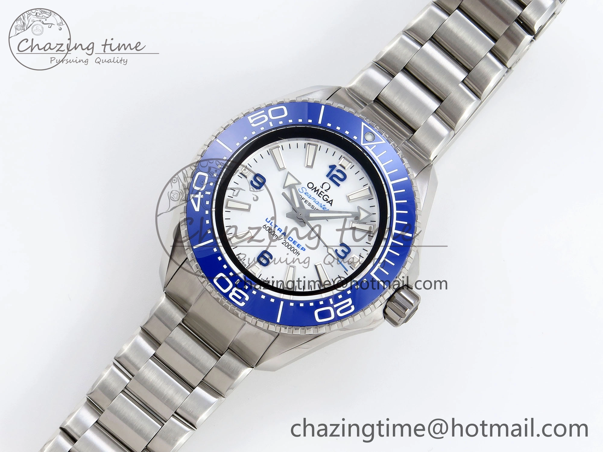 SEAMASTER PLANET OCEAN 6000M ULTRA DEEP 45.5MM SS TF 1:1 BEST EDITION WHITE DIAL BLUE BEZEL ON SS BRACELET A2824