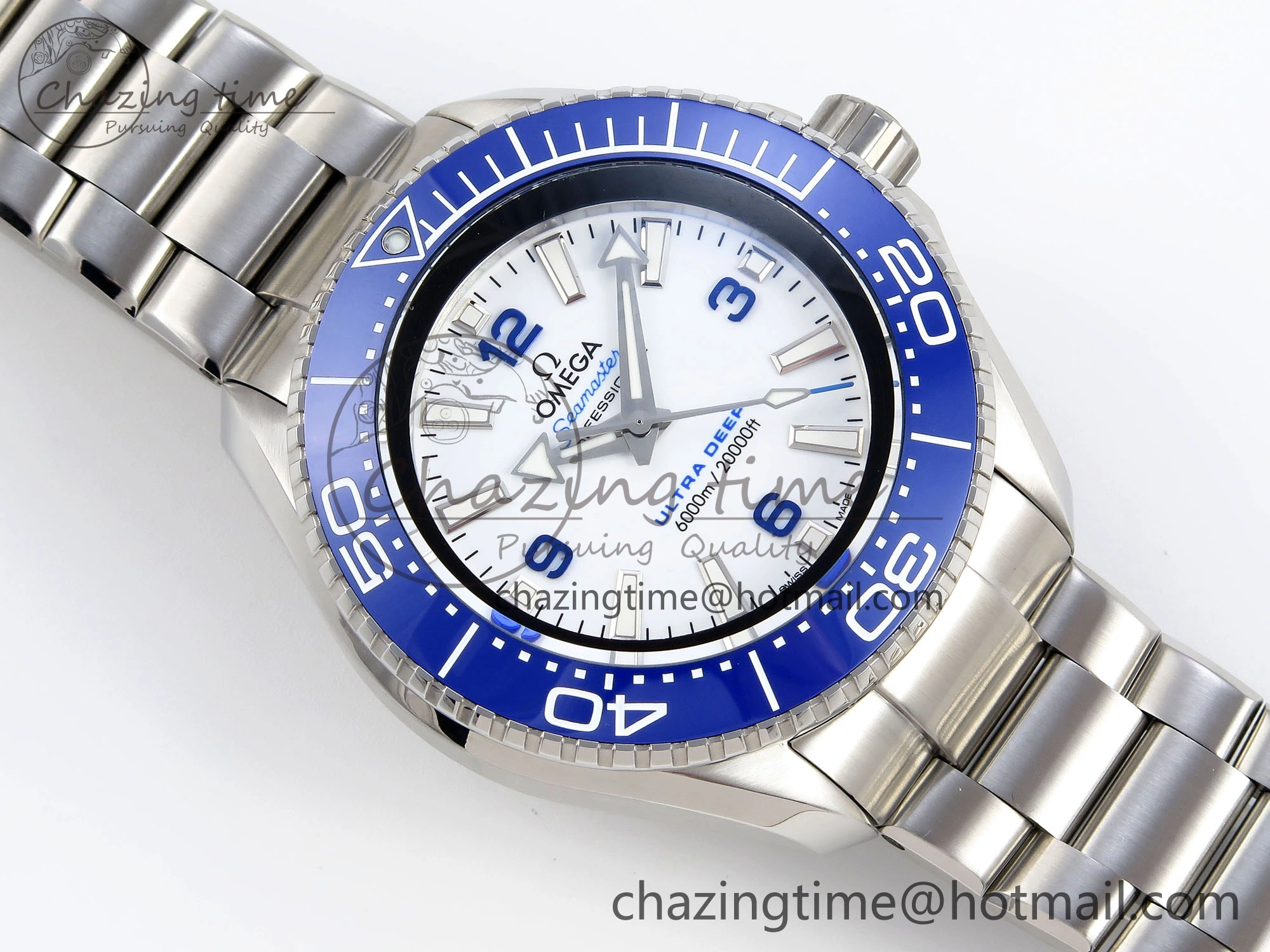 SEAMASTER PLANET OCEAN 6000M ULTRA DEEP 45.5MM SS TF 1:1 BEST EDITION WHITE DIAL BLUE BEZEL ON SS BRACELET A2824