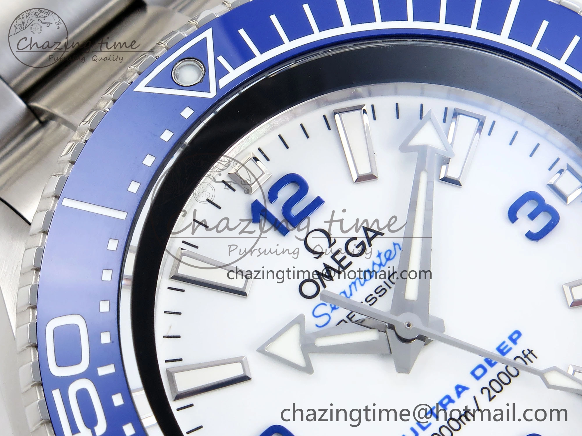 SEAMASTER PLANET OCEAN 6000M ULTRA DEEP 45.5MM SS TF 1:1 BEST EDITION WHITE DIAL BLUE BEZEL ON SS BRACELET A2824