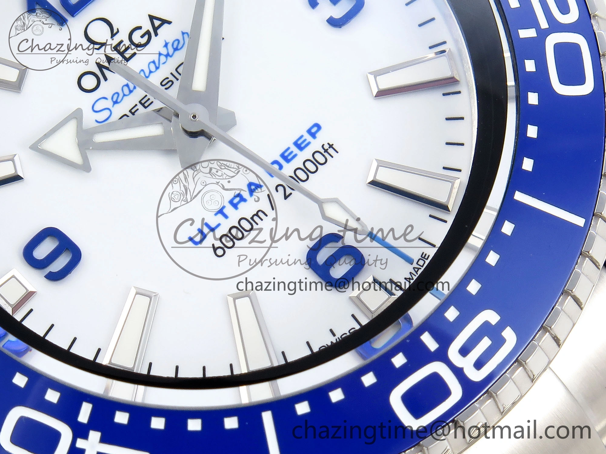 SEAMASTER PLANET OCEAN 6000M ULTRA DEEP 45.5MM SS TF 1:1 BEST EDITION WHITE DIAL BLUE BEZEL ON SS BRACELET A2824