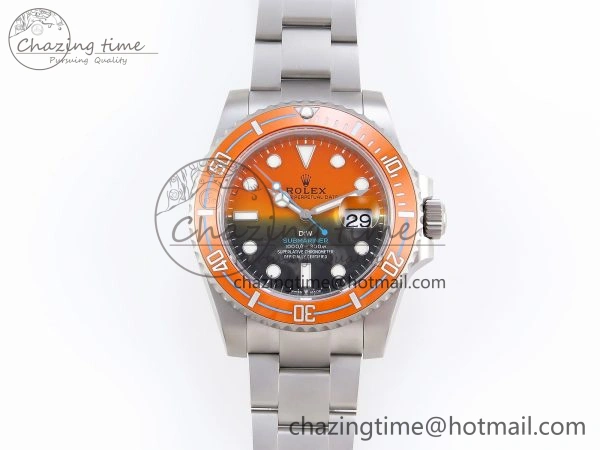 SUBMARINER DIW SANDBLASTED VSF 1:1 BEST EDITION ORANGE CERAMIC BEZEL ORANGE BLACK DIAL ON SS BRACELET VS3135