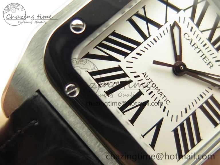Santos 100 33mm RXW 1:1 Best Edition Ladies SS White Dial on Black Leather Strap SEIKO NH05A