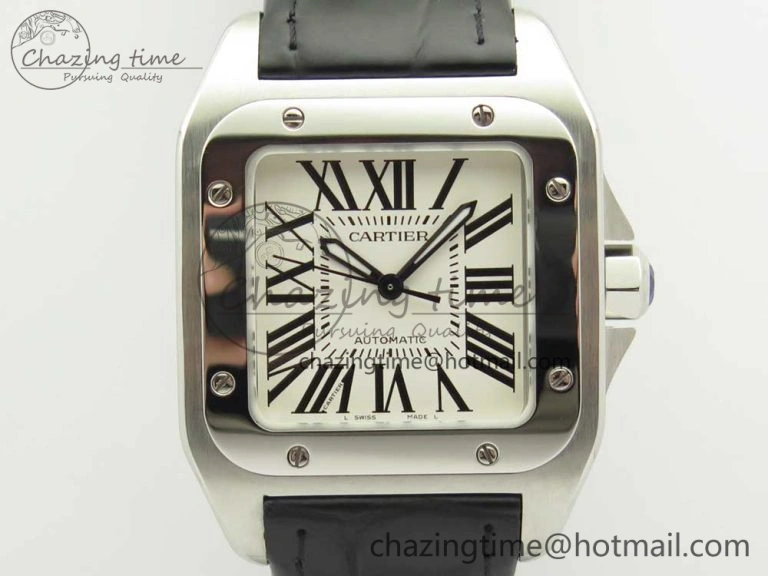 Santos 100 33mm RXW 1:1 Best Edition Ladies SS White Dial on Black Leather Strap SEIKO NH05A