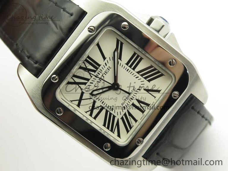Santos 100 33mm RXW 1:1 Best Edition Ladies SS White Dial on Black Leather Strap SEIKO NH05A