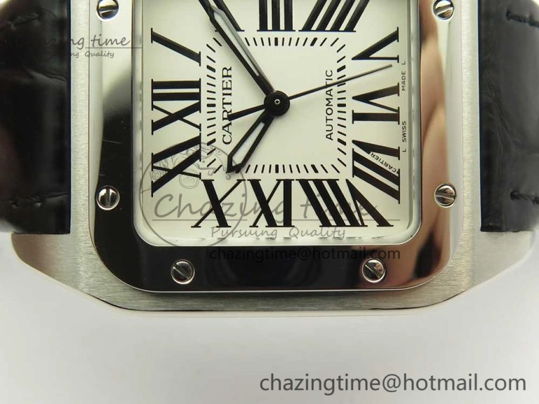 Santos 100 33mm RXW 1:1 Best Edition Ladies SS White Dial on Black Leather Strap SEIKO NH05A