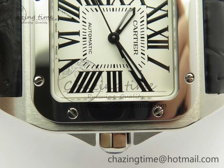 Santos 100 33mm RXW 1:1 Best Edition Ladies SS White Dial on Black Leather Strap SEIKO NH05A