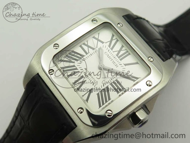 Santos 100 33mm RXW 1:1 Best Edition Ladies SS White Dial on Black Leather Strap SEIKO NH05A