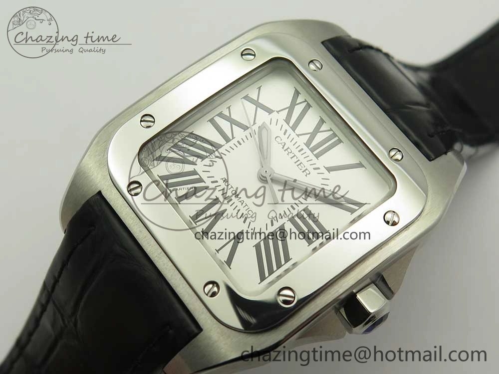 Santos 100 33mm RXW 1:1 Best Edition Ladies SS White Dial on Black Leather Strap SEIKO NH05A