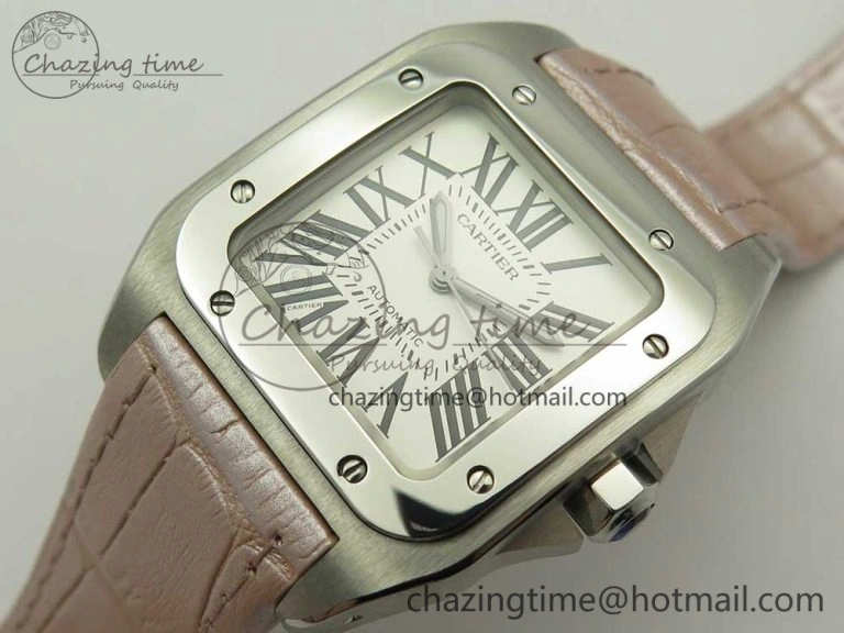 Santos 100 33mm RXW 1:1 Best Edition Ladies SS White Dial on Pink Leather Strap SEIKO NH05A