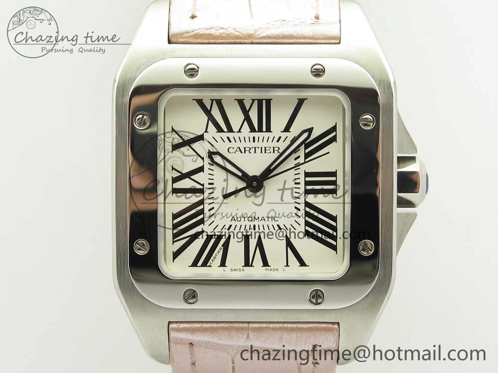 Santos 100 33mm RXW 1:1 Best Edition Ladies SS White Dial on Pink Leather Strap SEIKO NH05A