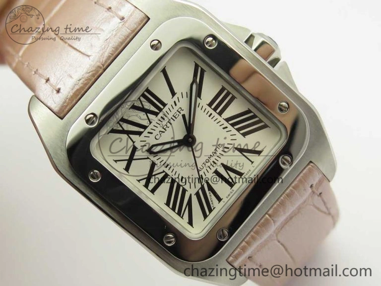 Santos 100 33mm RXW 1:1 Best Edition Ladies SS White Dial on Pink Leather Strap SEIKO NH05A
