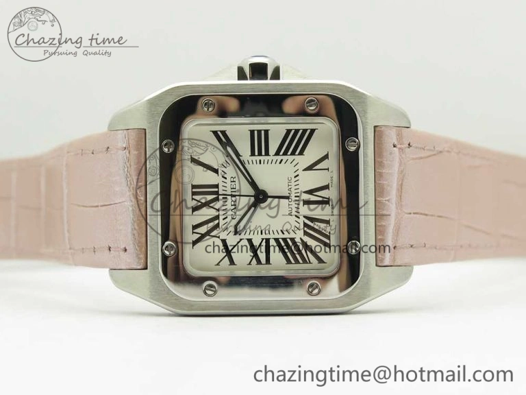 Santos 100 33mm RXW 1:1 Best Edition Ladies SS White Dial on Pink Leather Strap SEIKO NH05A